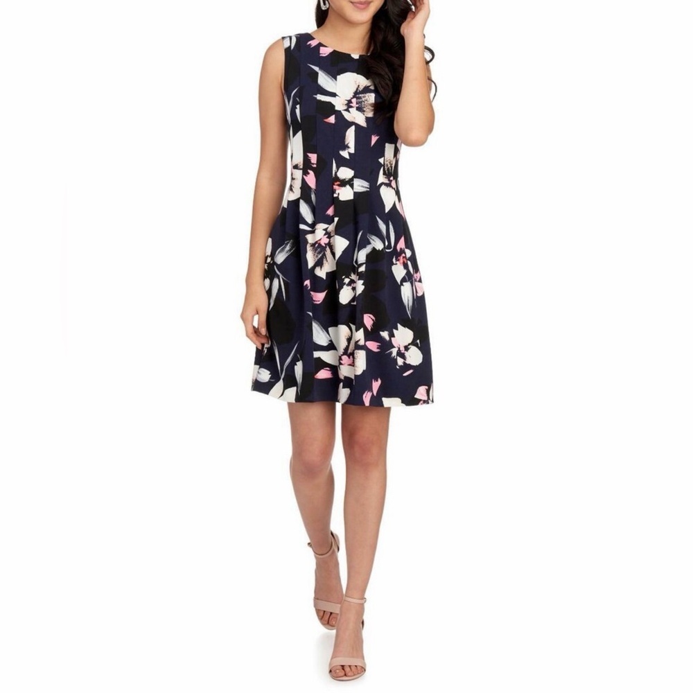 Vince Camuto Floral Navy and Pink fit and flare Dress size 8